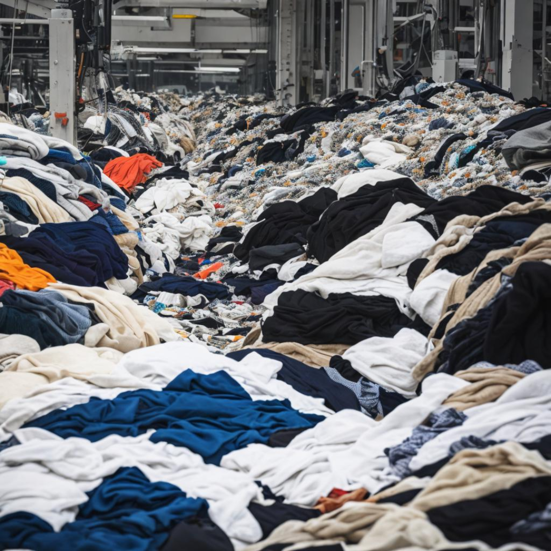 clothing trash, huge piles, warehouse, fast fashion dark side