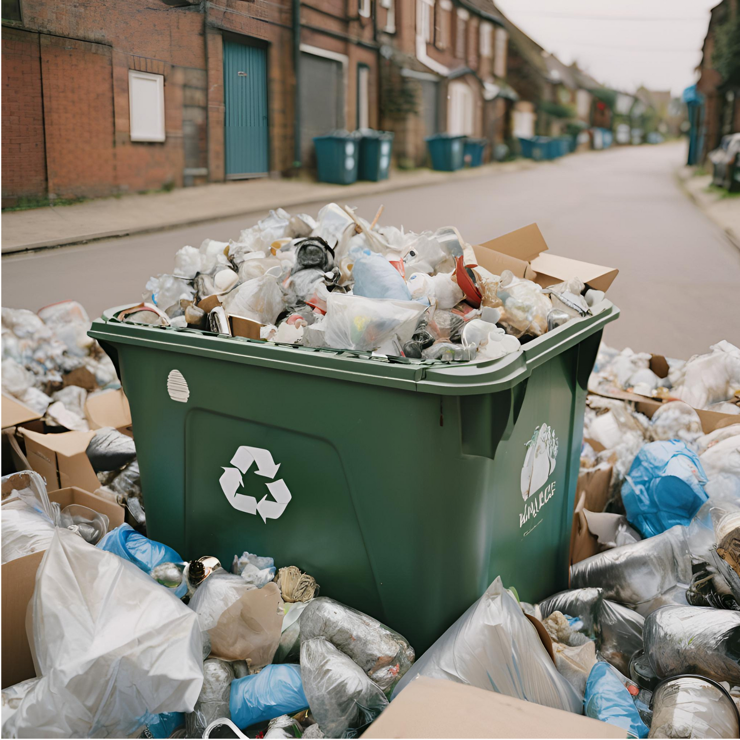 trash, recycling bin, street